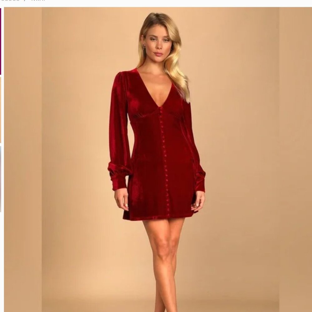 Lulu's Make it Merry Wine Red Velvet Long Sleeve Button-Up Mini Dress M